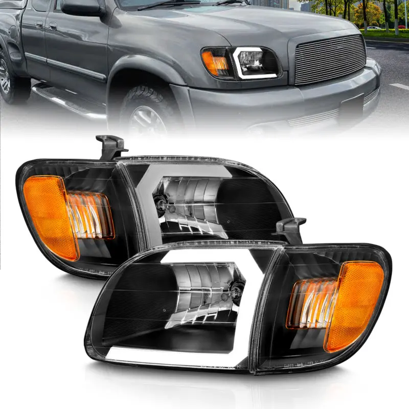 Anzo 00-04 Toyota Tundra (Fits Reg/Acc Cab Only) Crystal Headlights W/Light Bar Black W/Corner Light 1