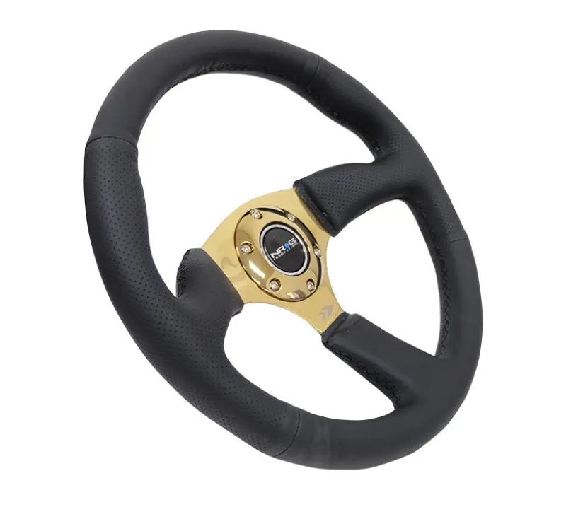 Nrg Reinforced Steering Wheel (350Mm / 2.5In. Deep) Leather Race Comfort Grip W/4Mm Gold Spokes 2