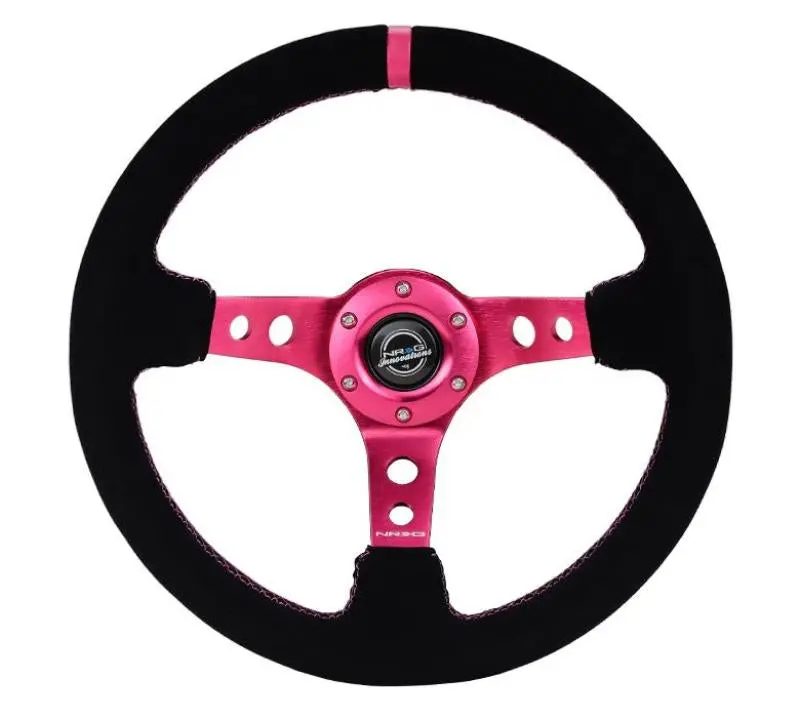 Nrg Reinforced Steering Wheel (350Mm/ 3In. Deep) Black Suede/ Fushia Center Mark/ Fushia Stitching 1