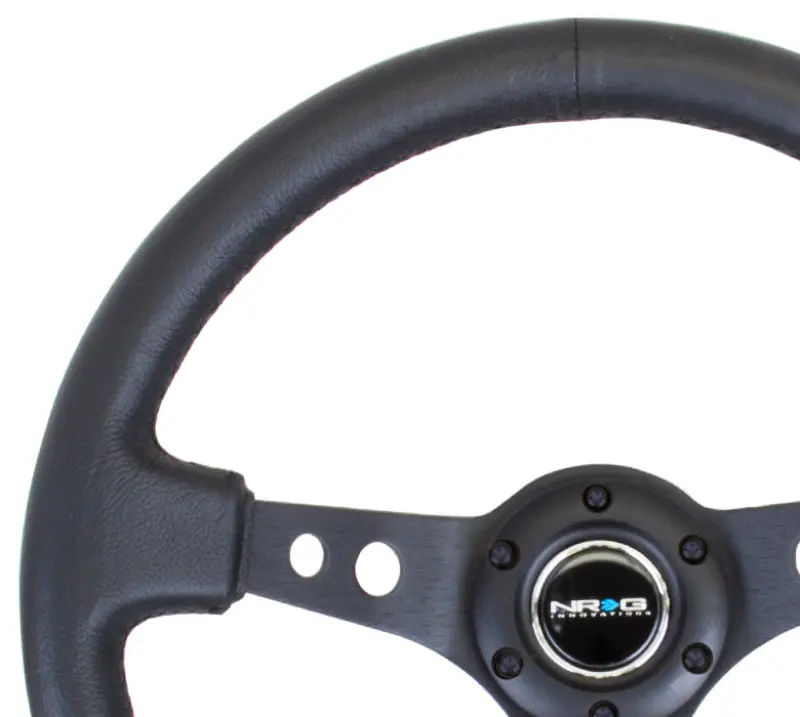 Nrg Reinforced Steering Wheel (350Mm / 3In. Deep) Blk Leather W/Blk Spoke & Circle Cutouts 2