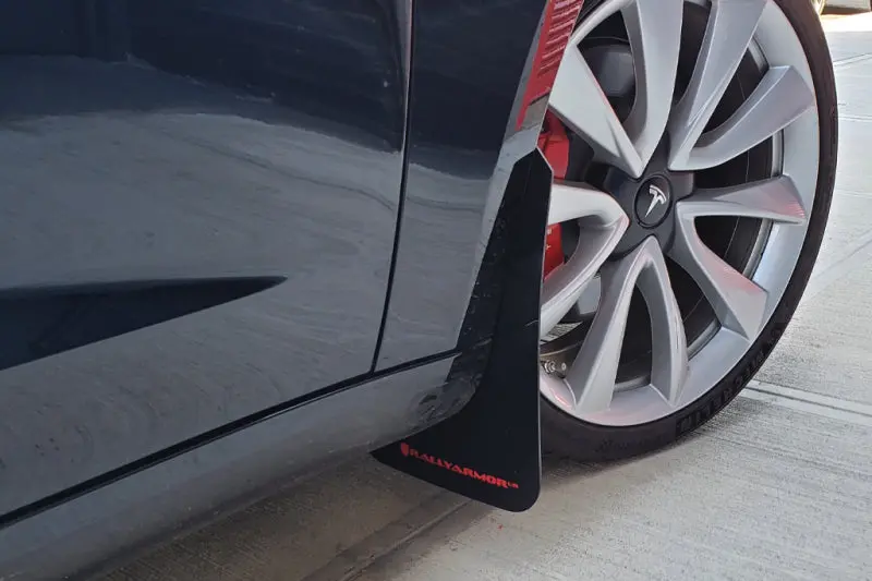 Rally Armor 17-23 Tesla Model 3 Black Ur Mud Flap - Metallic Black Logo 2