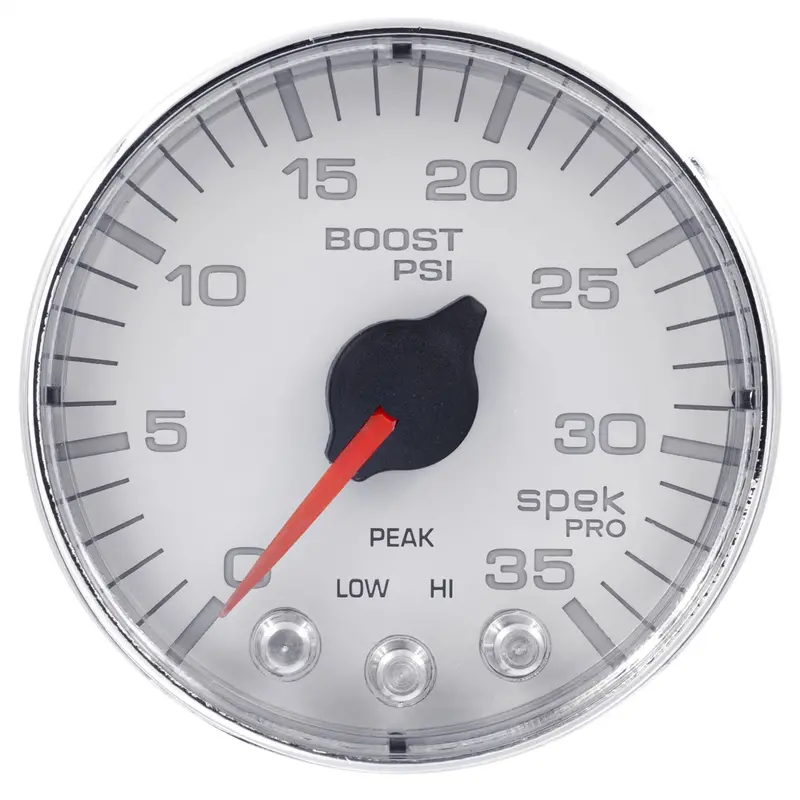 Autometer P303118 2-1/16" Boost Gauge – 35 Psi Range With Stepper Motor, Peak Hold, Warning Light, White/Chrome Face (Spek-Pro Series) 1